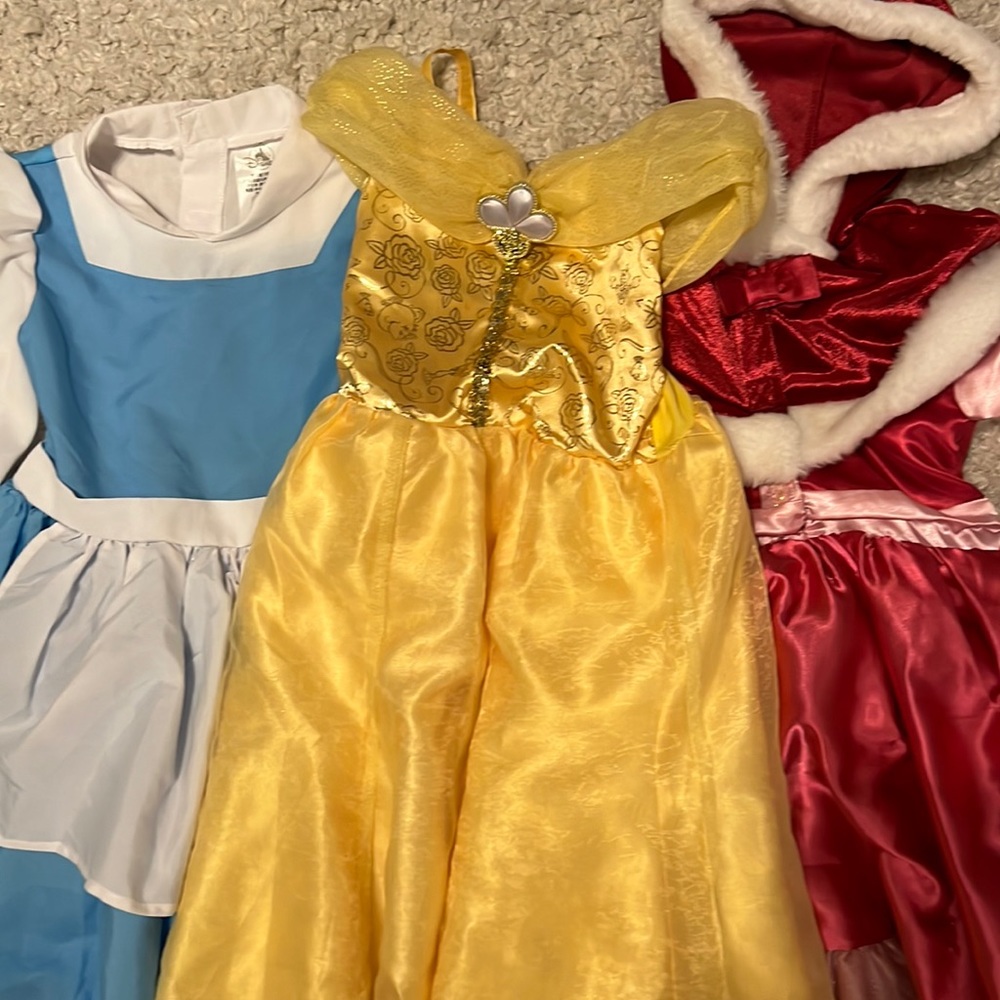belle dress-up blue with apron , golden ball gown and pink winter with fur hood